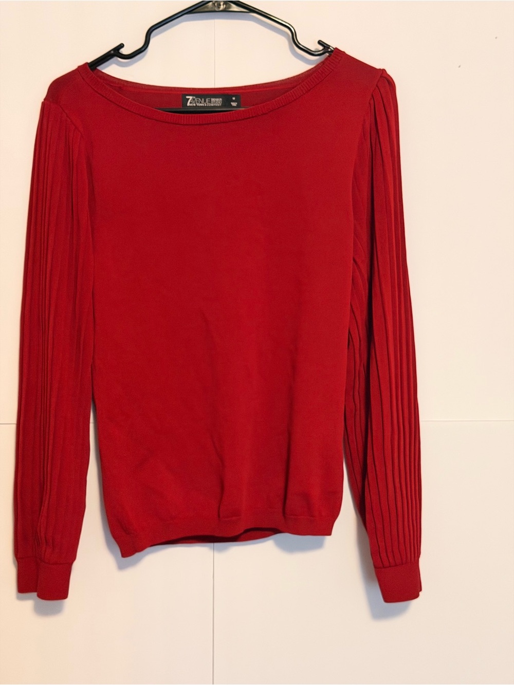 New York & Company Bold Red Pleated-Sleeve Crewneck Sweater